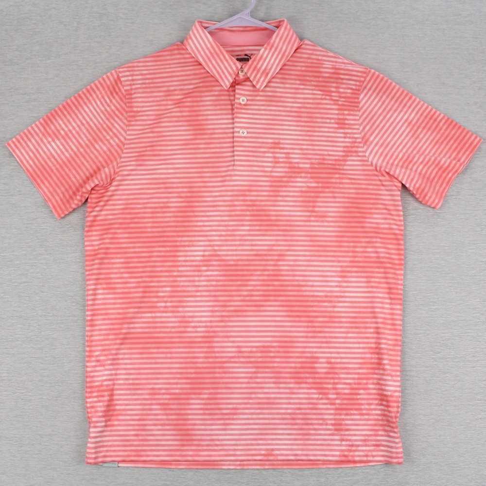Puma Polo Shirt Mens Size M Salmon Striped Polyester Stretch